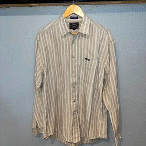 FACONNABLE Designed in France Linen Blend Beige White Stripe Button Shirt EUC-L